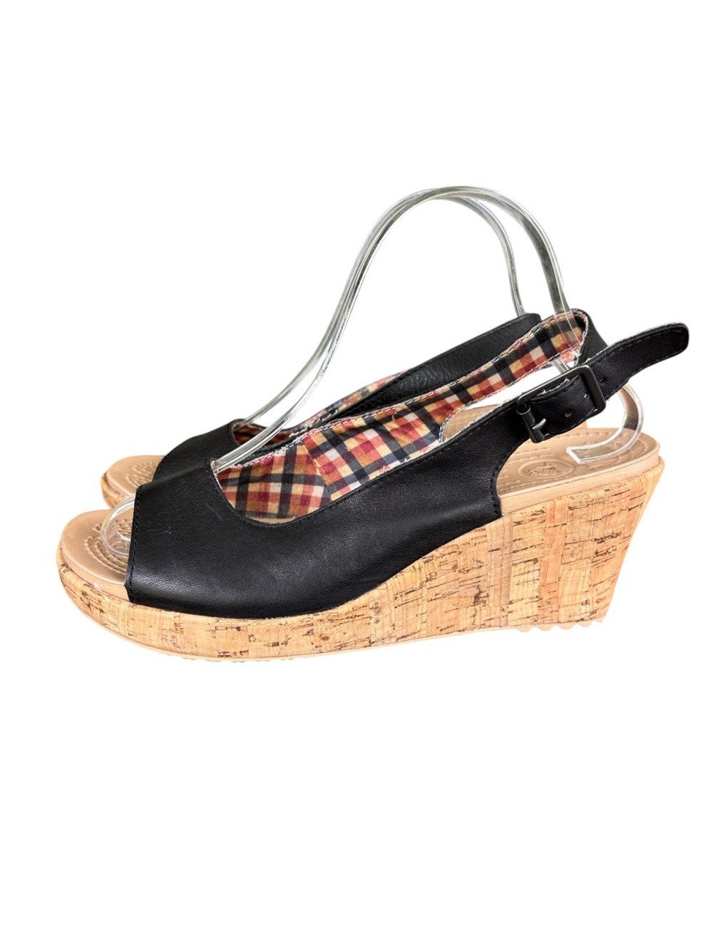 Crocs Leigh Wedge Sandals Women Sz 9 Black Leather Cork Heel Slingback Open Toe
